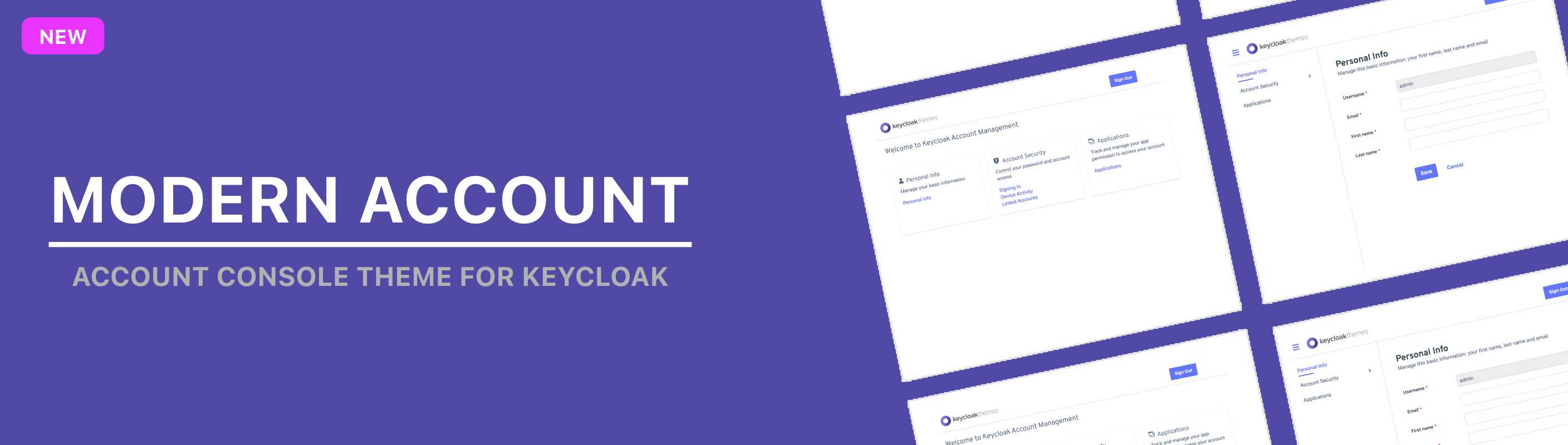 Modern Account is a responsive and clean Keycloak Account Console theme.